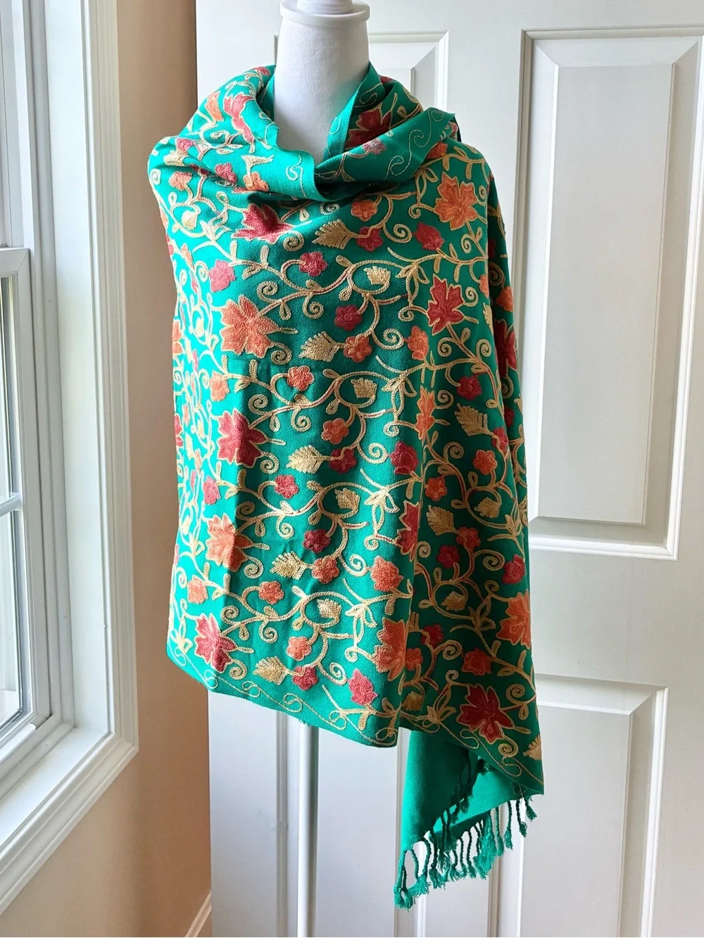 Green  Embroidered Large Scarf Shawl Wrap with Fringe Fall Leaf Motif Green